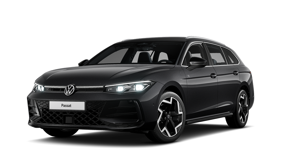 Schräge Frontansicht eines schwarzen VW Passat R-Line