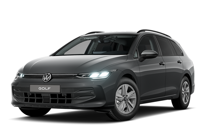 Schräge Frontansicht eines schwarzen VW Golf Variant