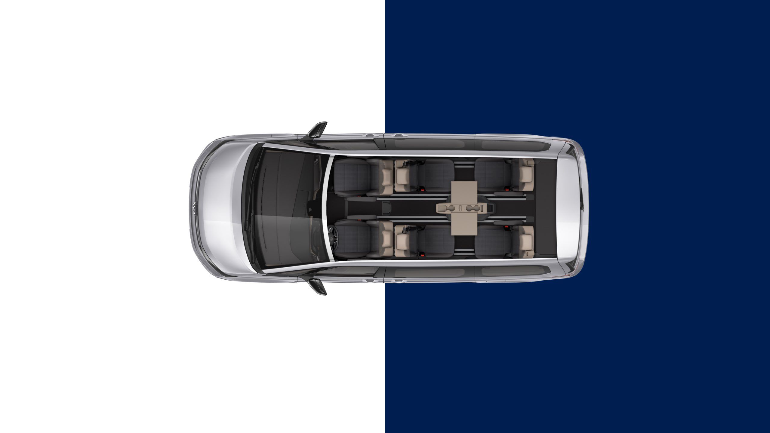 Der neue VW Multivan T7 mit 6 Einzelsitzen Vis-á-vis bei langem Überhang