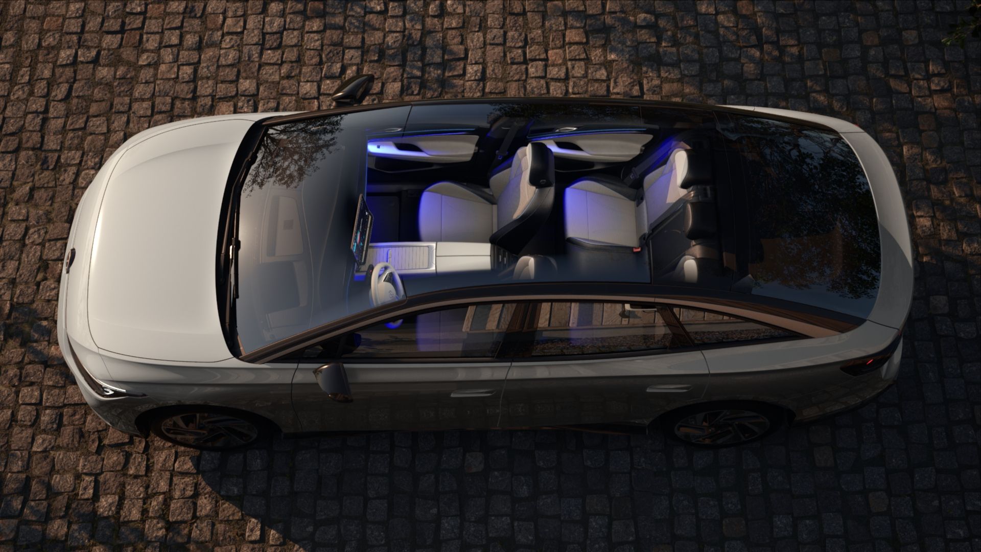 Ansicht der VW ID.7 Ambientebeleuchtung in lila durch das Panoramadach aus der Vogelperspekive
