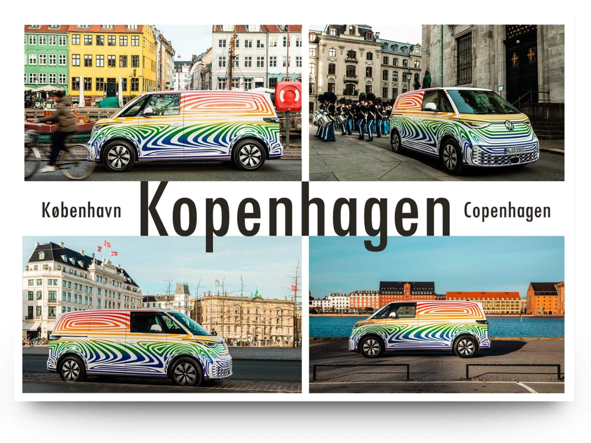 VW ID. Buzz im bunten Camouflage fährt auf den Straßen von Kopenhagen
