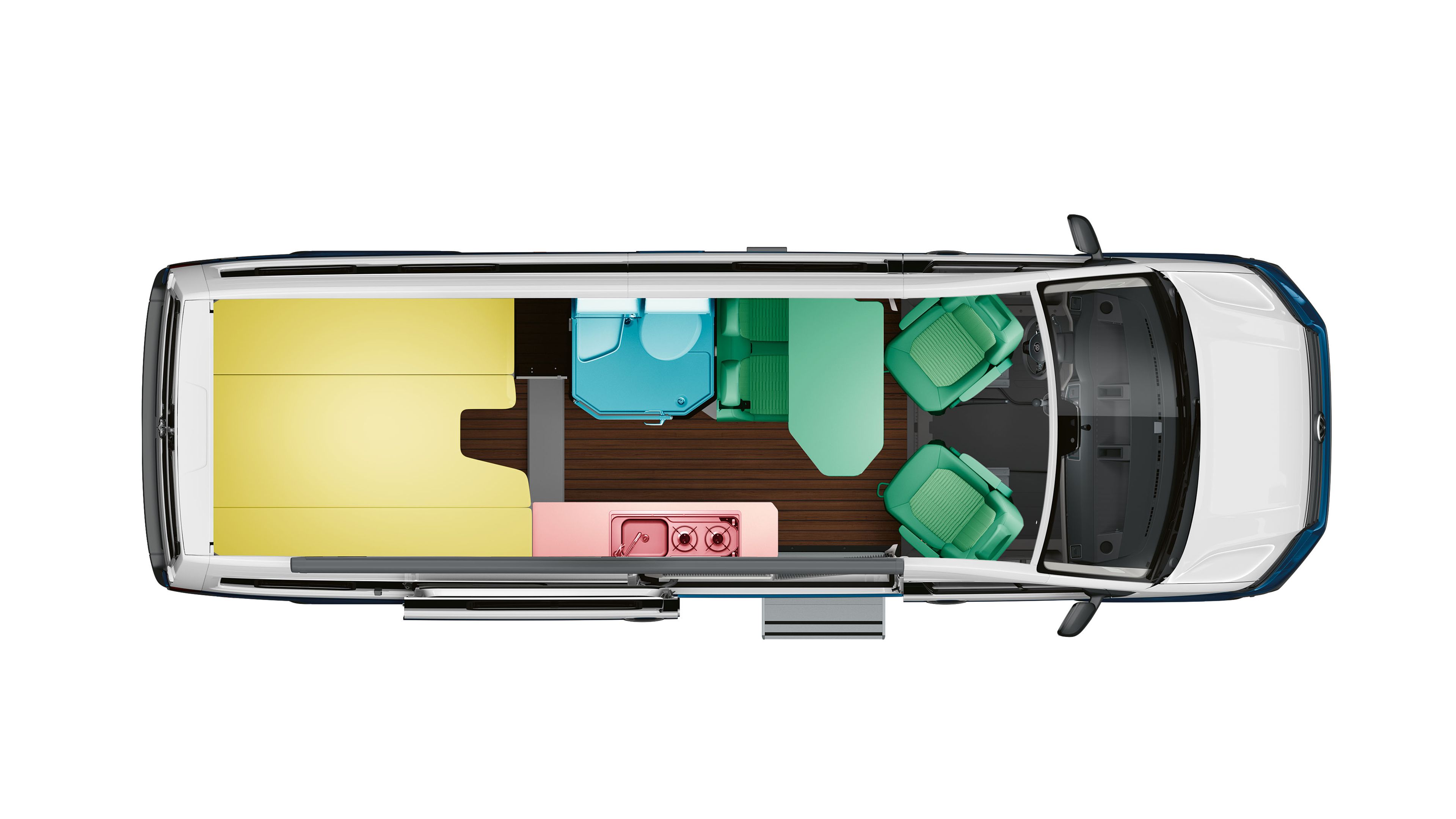 Eine illustrierte Darstellung der Raumaufteilung im VW Grand California 680 mit Heckbett in Laengsrichtung.