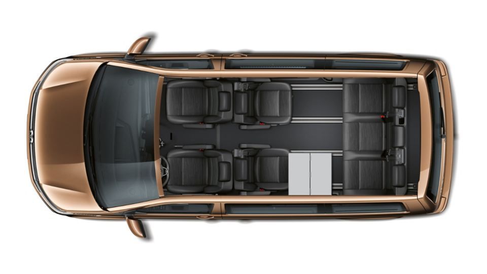 Zu sehen ist der VW Multivan 6.1 Comfortline mit kurzem Radstand von oben und sein Sitzplatzangebot