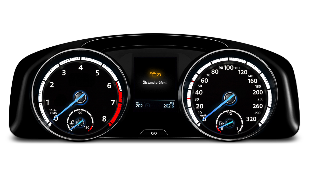 VW Display zeigt "Ölstand prüfen" Hinweis an.