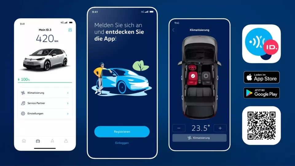 VW WE Connect App Screenshots mit Reichweite, Klimatisierung und QR Code