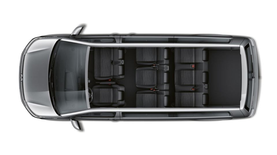 Zu sehen ist eine Abbilung des VW Caravelle mit langem Radstand und den bis zu 9 Sitzplätzen 