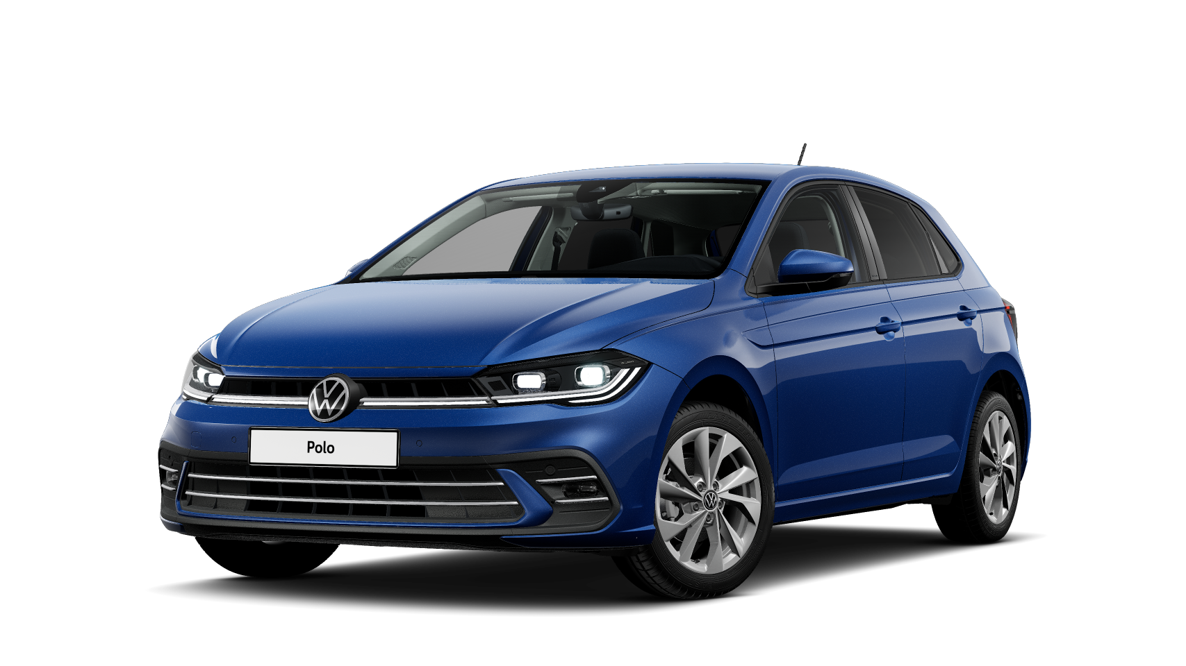 Schräge Frontansicht eines blauen VW Polo Style