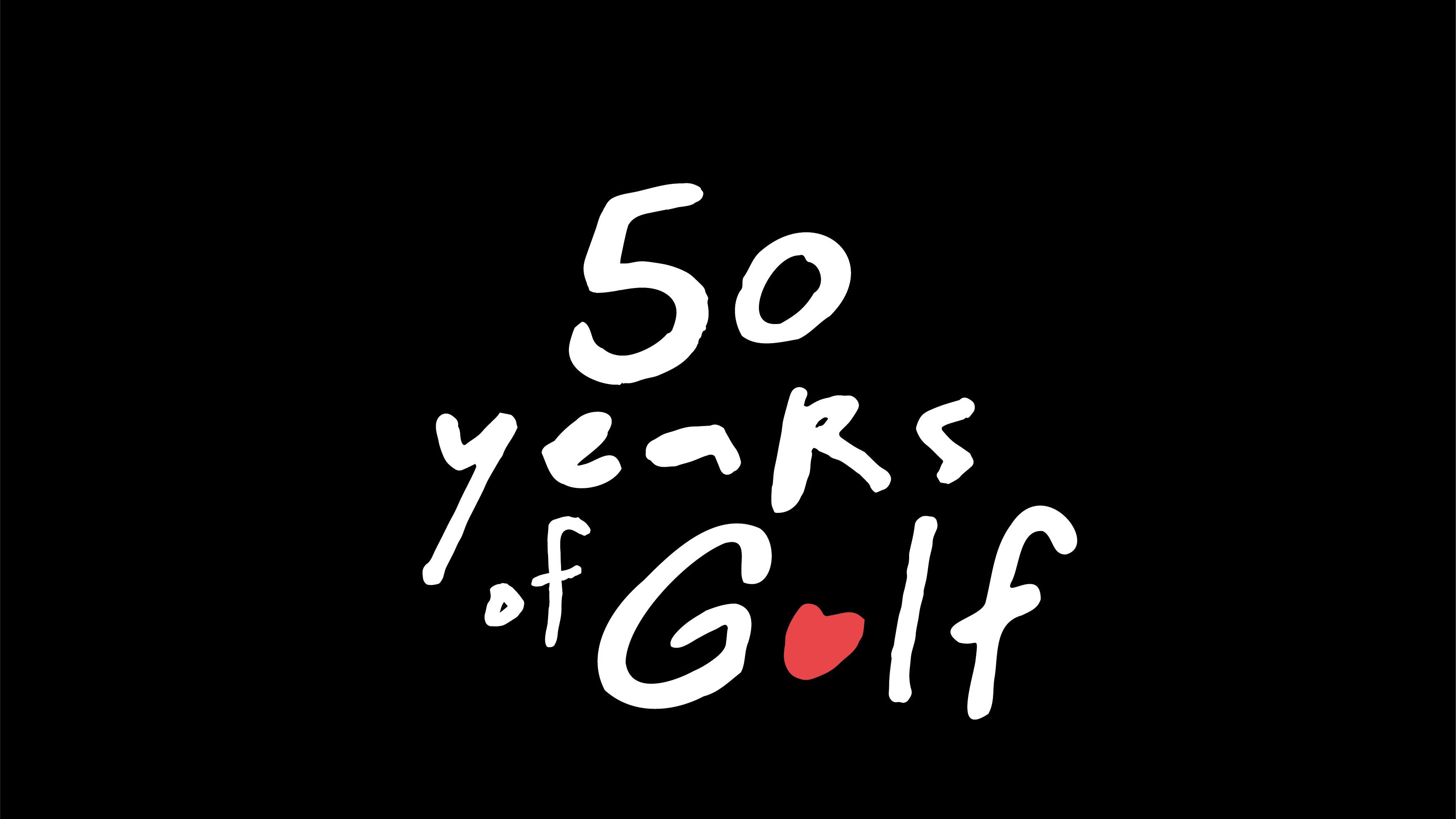 50 Jahre Golf Jubiläum Logo Englisch mit rotem Herz