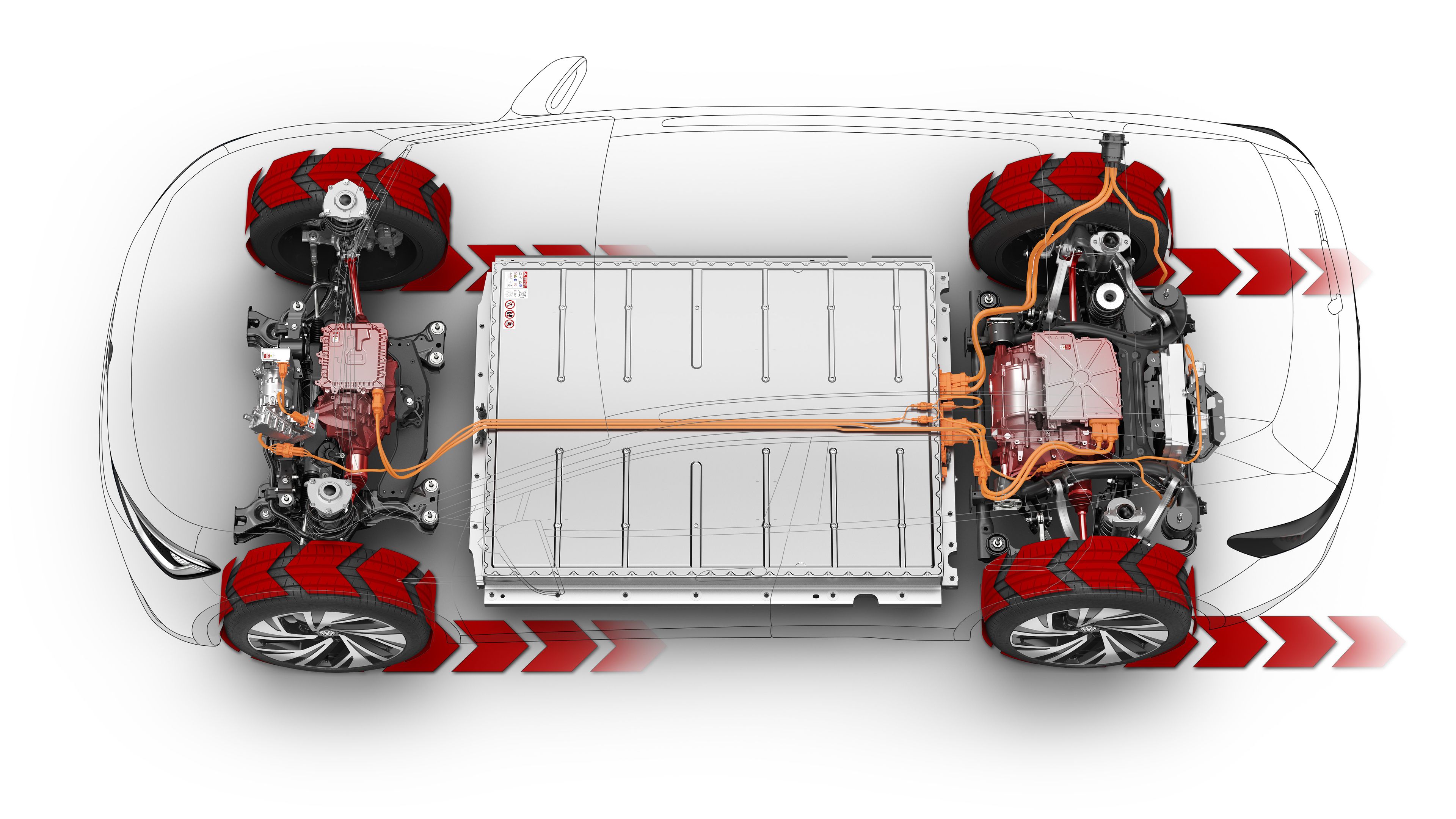 Grafik zeigt die Dualmotor Allradtechnologie im VW ID.4 GTX und ID.5 GTX