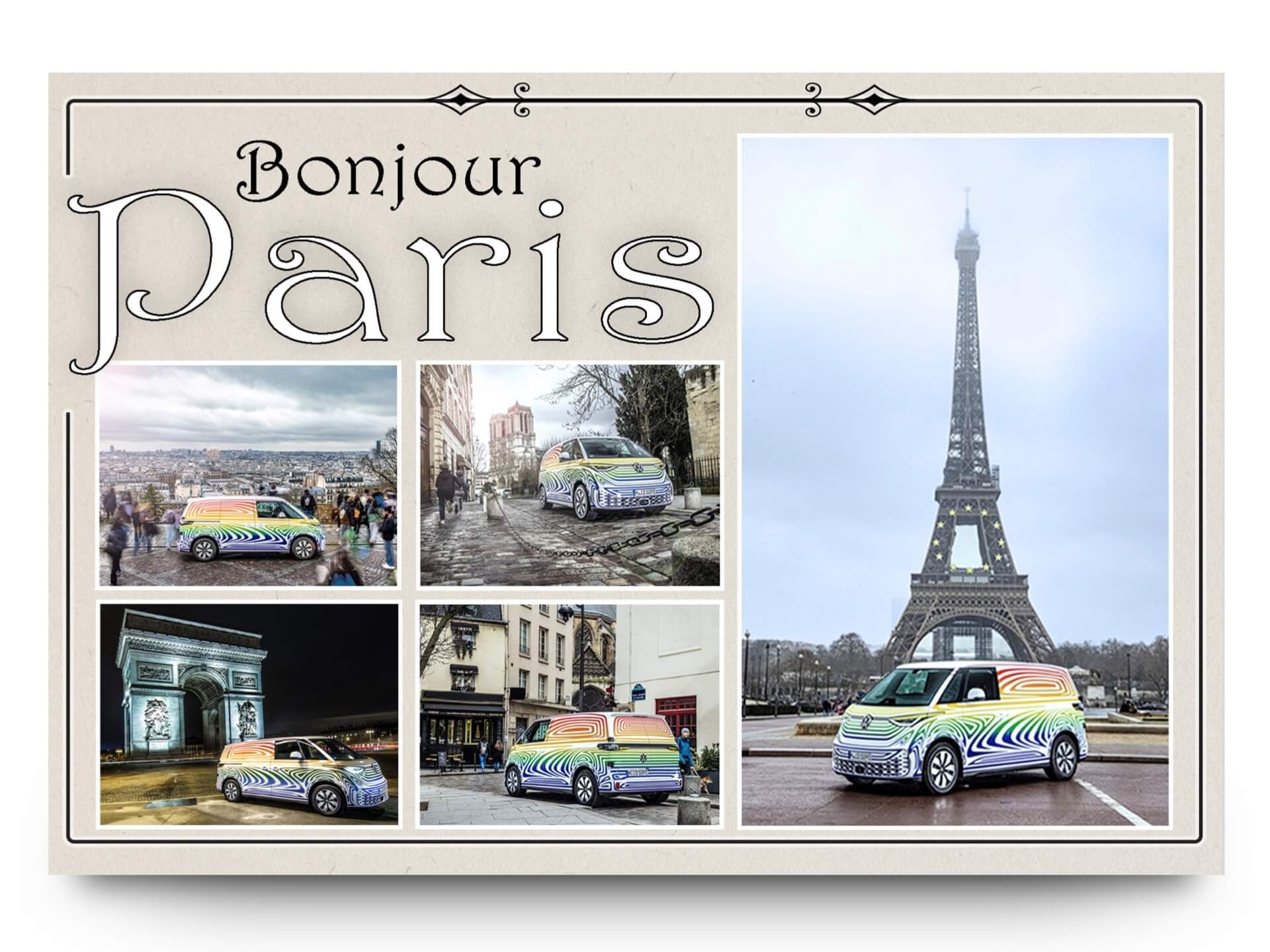 VW ID. Buzz im bunten Camouflage in Paris beim Eiffelturm und Triumphbogen