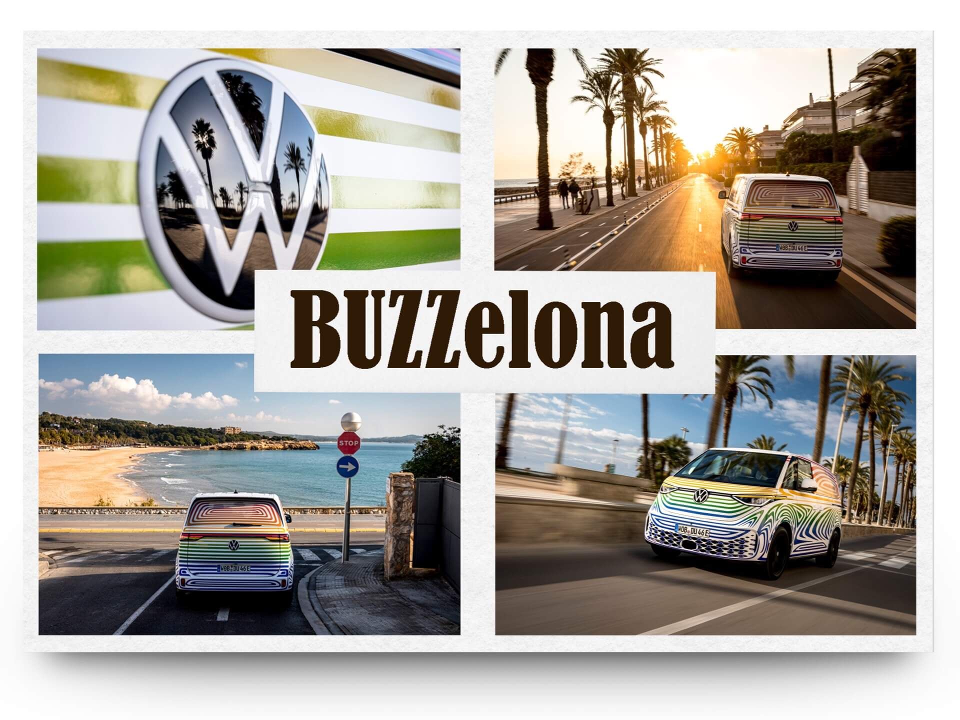 VW ID.Buzz in buntem Camouflage auf der Straße neben dem Strand von Barcelona