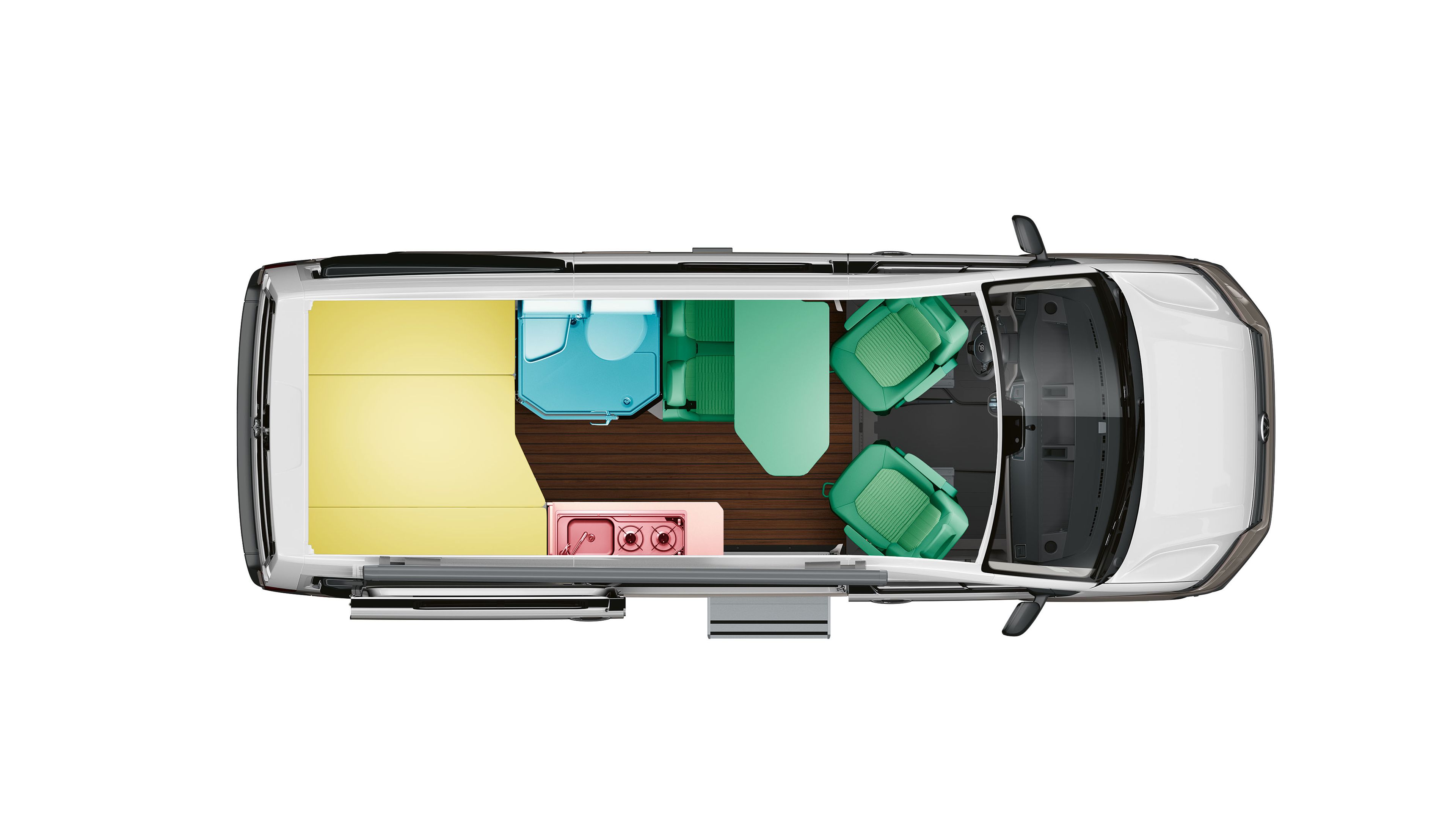 Eine illustrierte Darstellung der Raumaufteilung im VW Grand California 600 mit Heckbett in Querrichtung. 