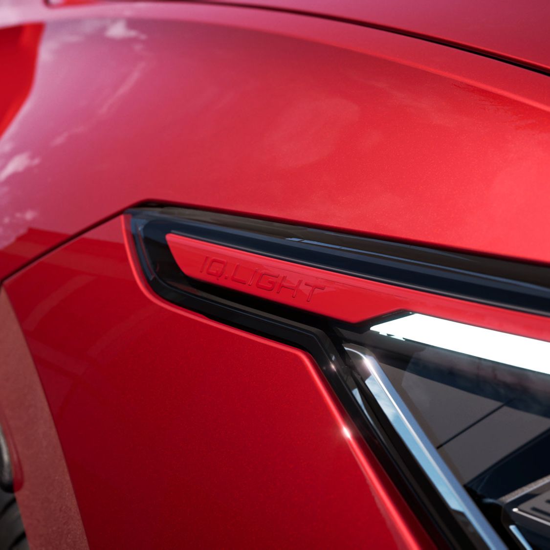 Detailansicht der roten Leiste in den IQ. LIGHT LED Scheinwerfern im VW Golf GTI