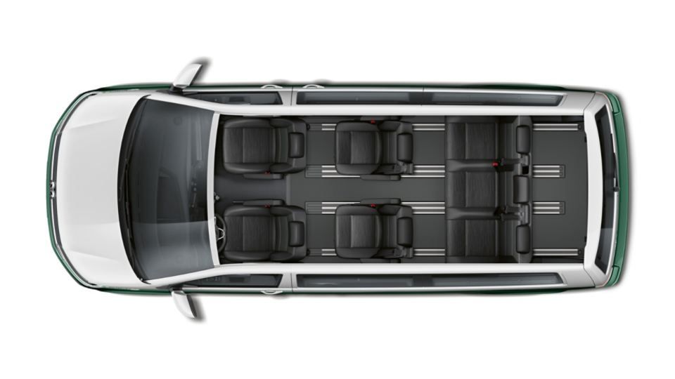 Zu sehen ist der VW Multivan 6.1 Comfortline mit langem Radstand von oben und sein Sitzplatzangebot