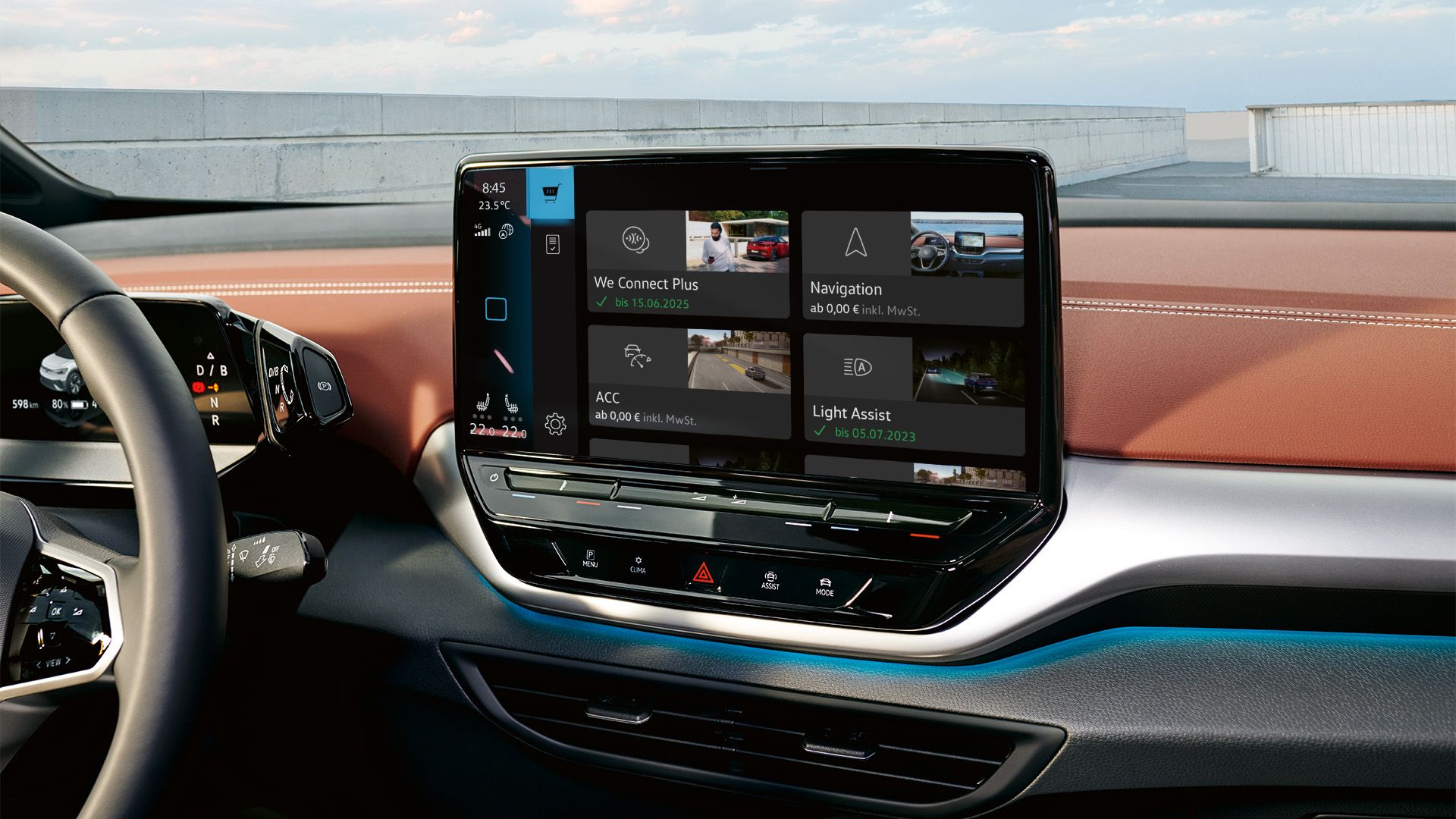 Detailaufnahme des Touchscreens im VW ID.5, Screen zeigt den In-Car Shop