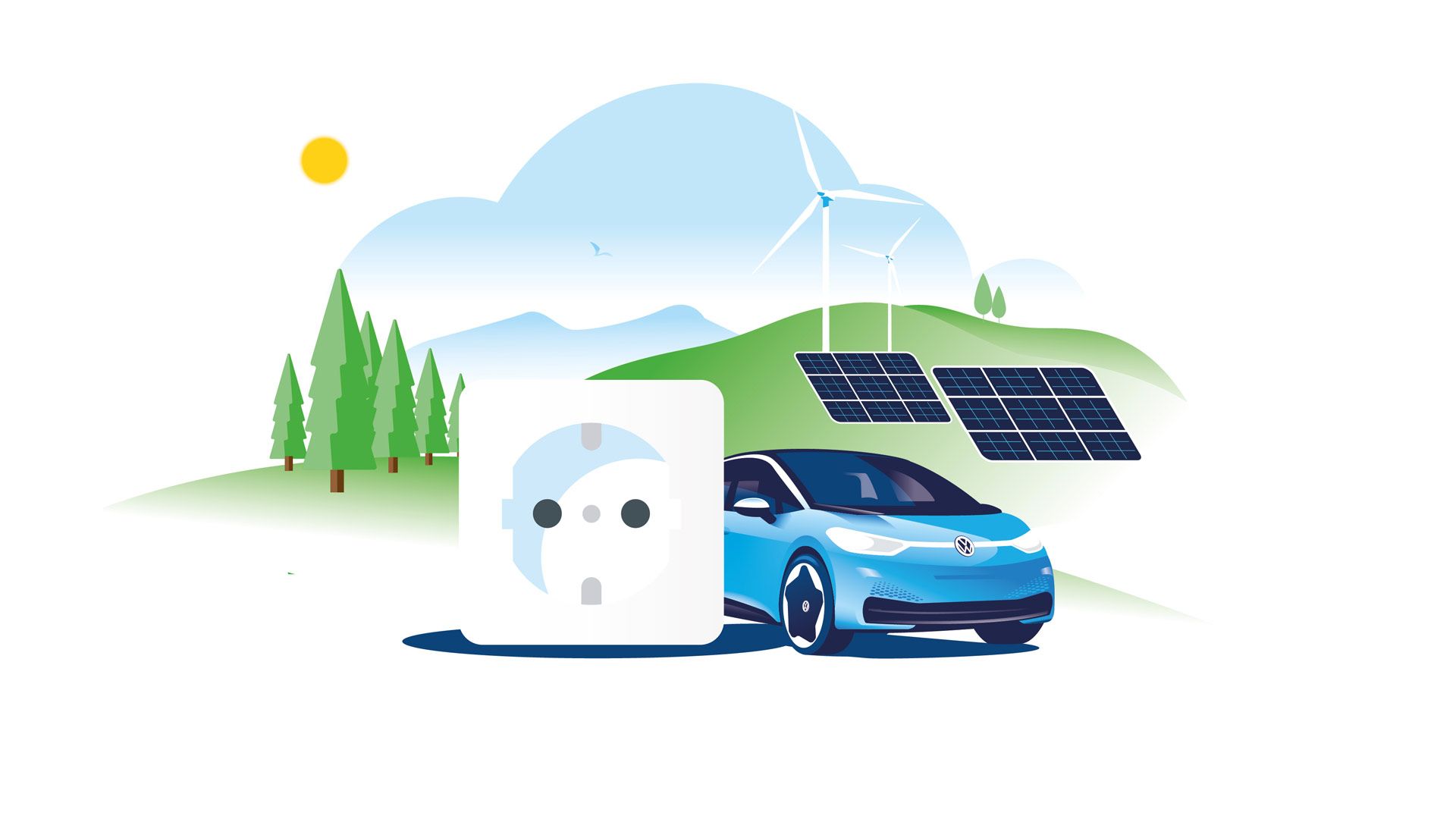 Illustration zu Ökostrom mit VW ID. 3 Solarpanel, Windrad und Steckdose
