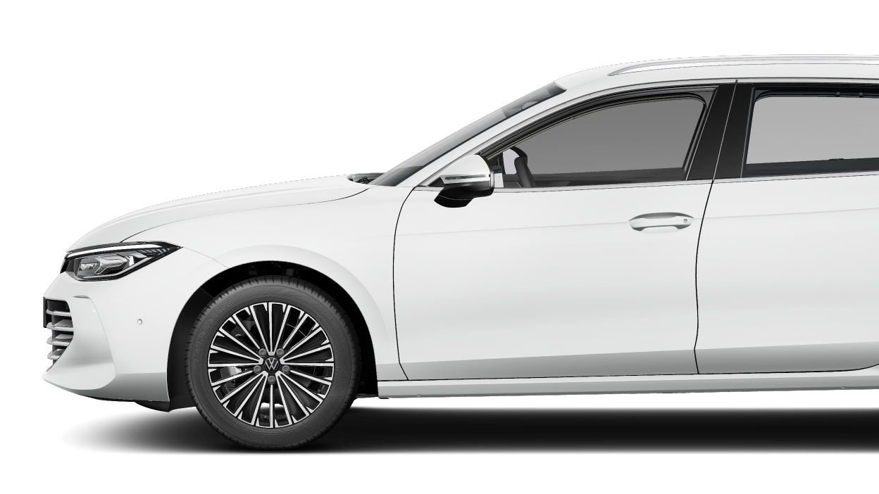 Seitenansicht eines weißen VW Passat Elegance