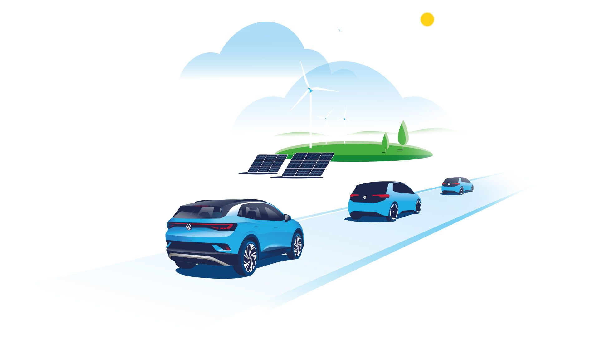 Elektroautos fahren durch ein Landschaft mit Photovoltaikanlagen