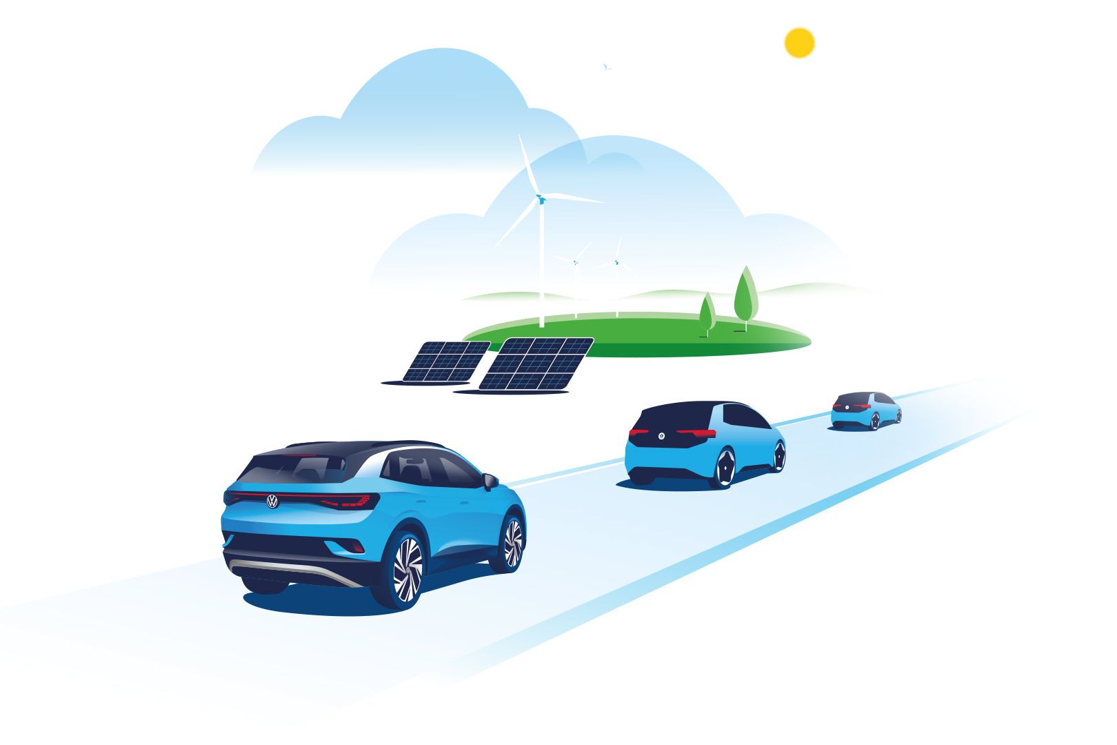 Elektroautos fahren durch ein Landschaft mit Photovoltaikanlagen