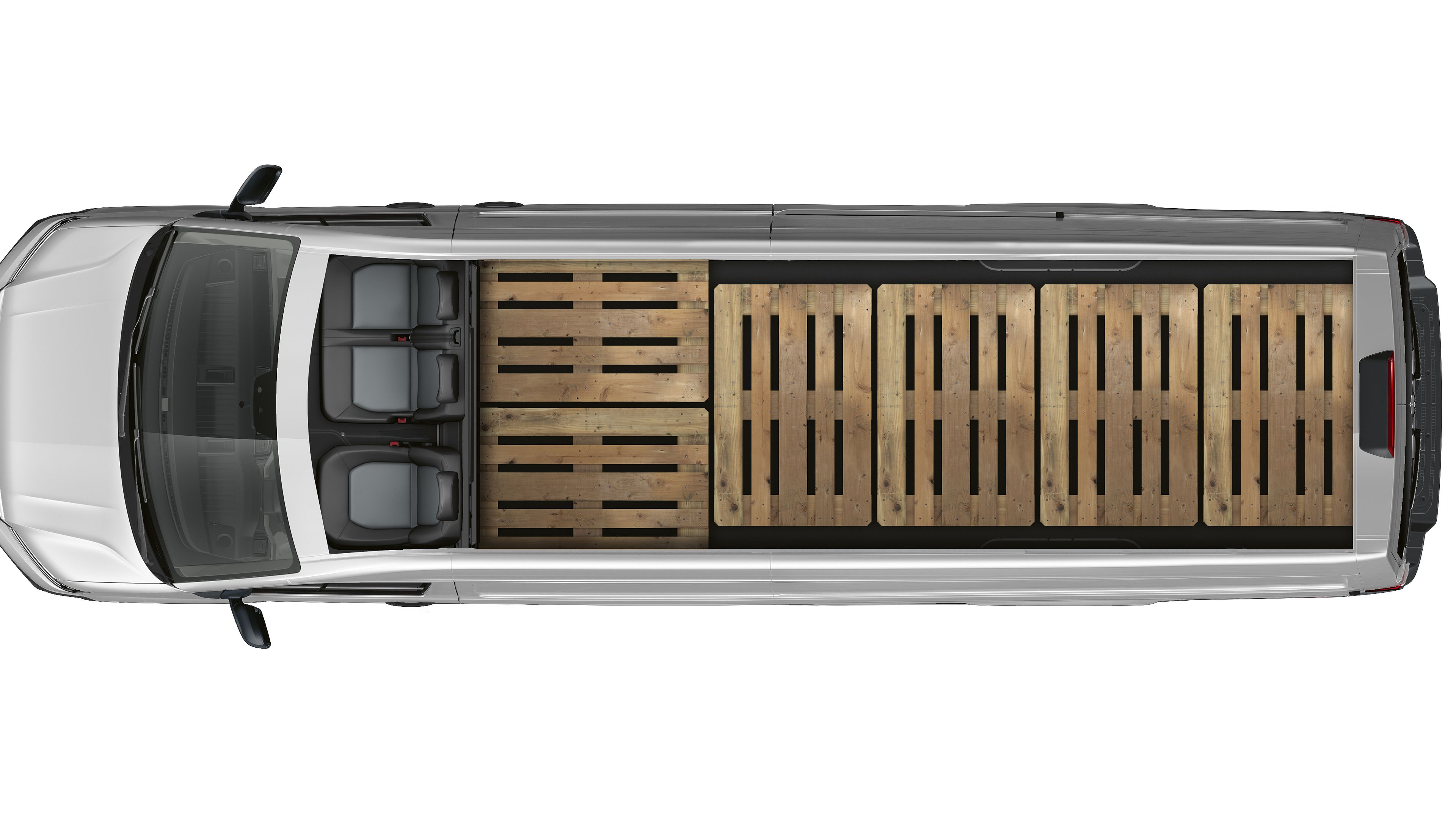 Eine Abbildung eines VW Crafter Kastenwagen von oben mit 6 Europaletten extra lang.