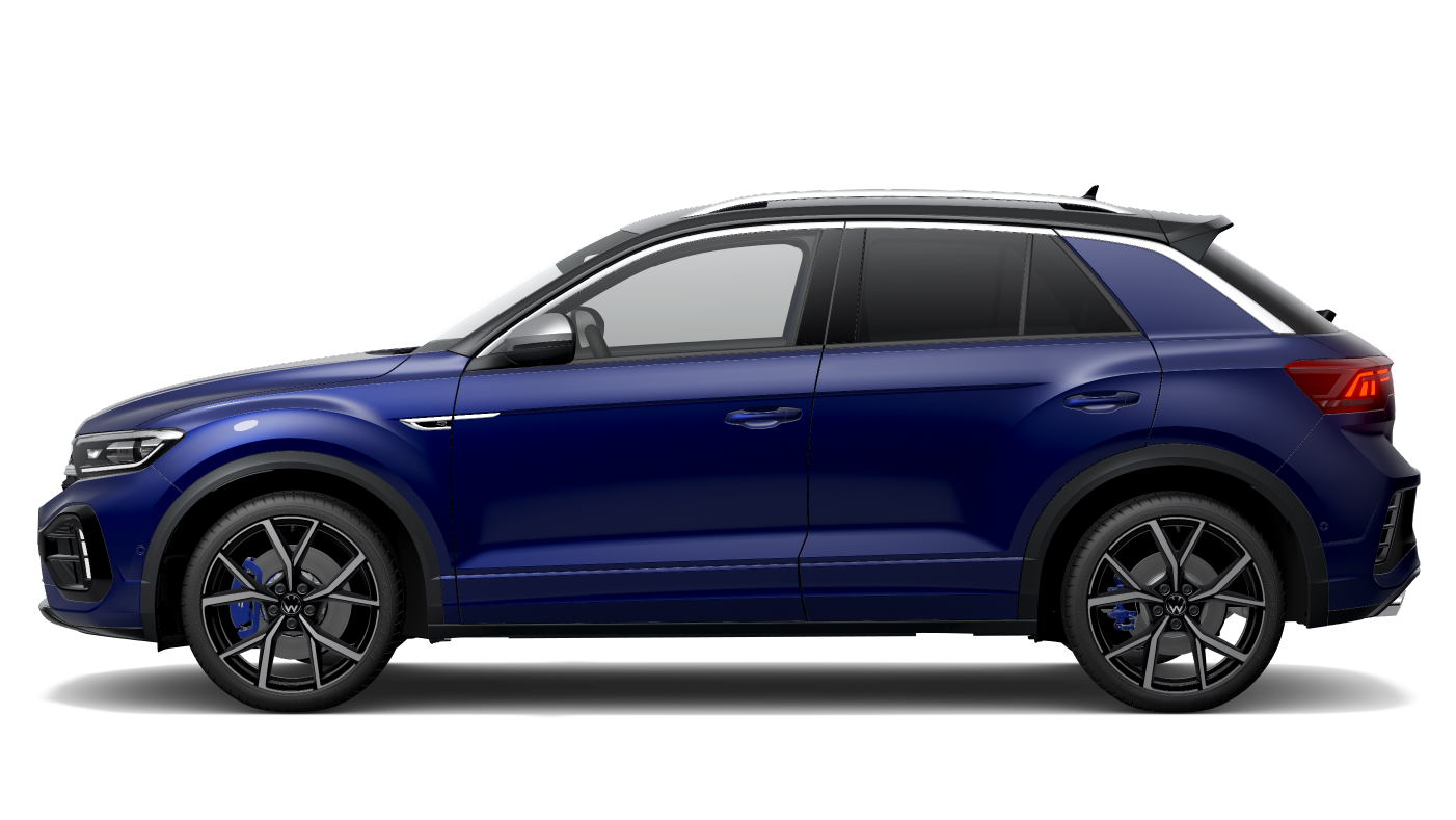 Seitenansicht eines blauen VW T-Roc R mit Allradantrieb