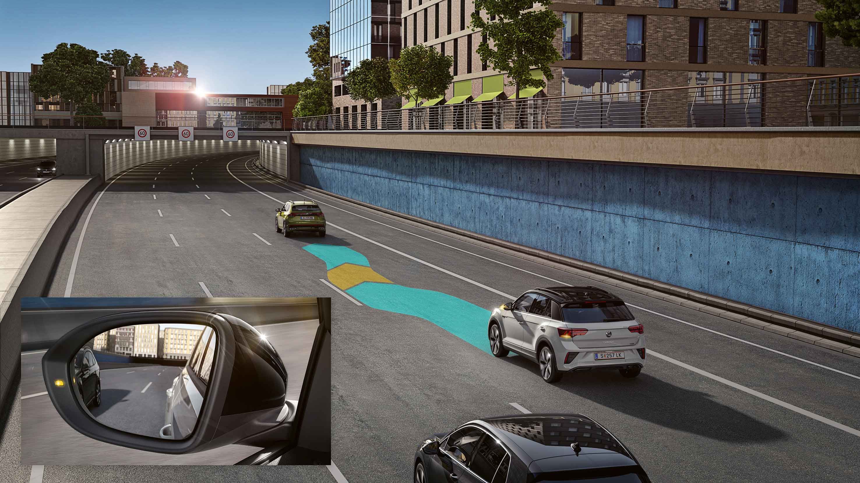 Seitenspiegel eines Volkswagen zum Thema Side Assist & Blind Spot Sensor