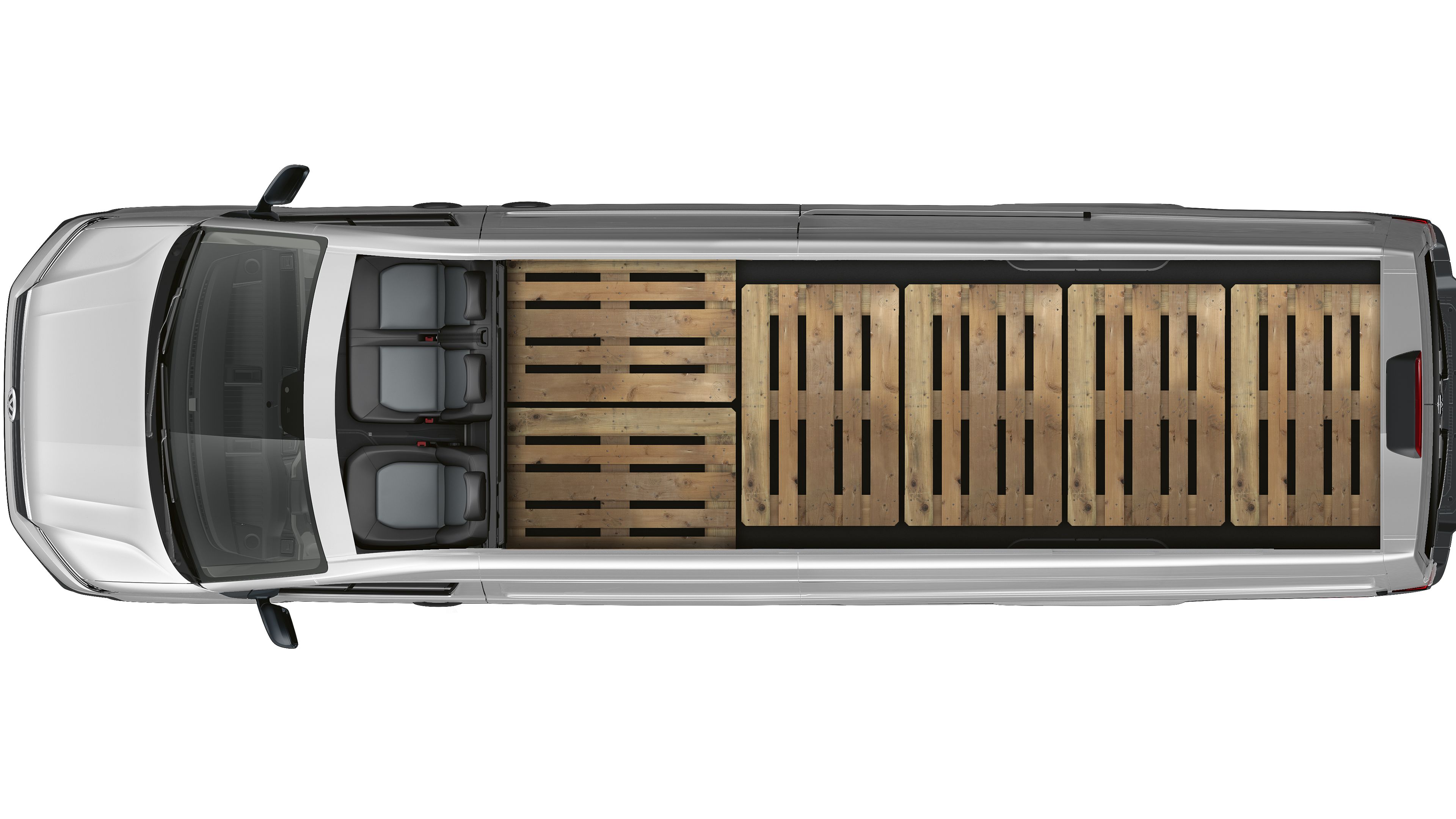 Eine Abbildung eines VW Crafter Kastenwagen von oben mit 6 Europaletten extra lang.